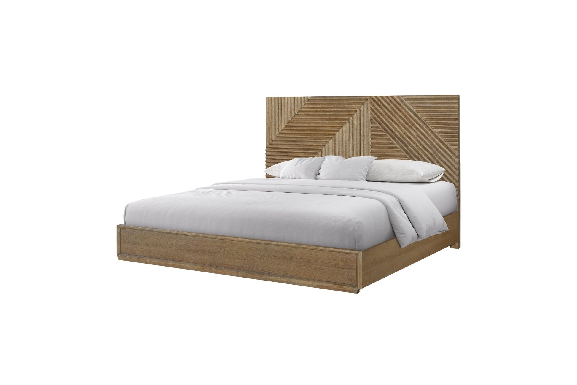 Wooden bed with geometric headboard on a white background