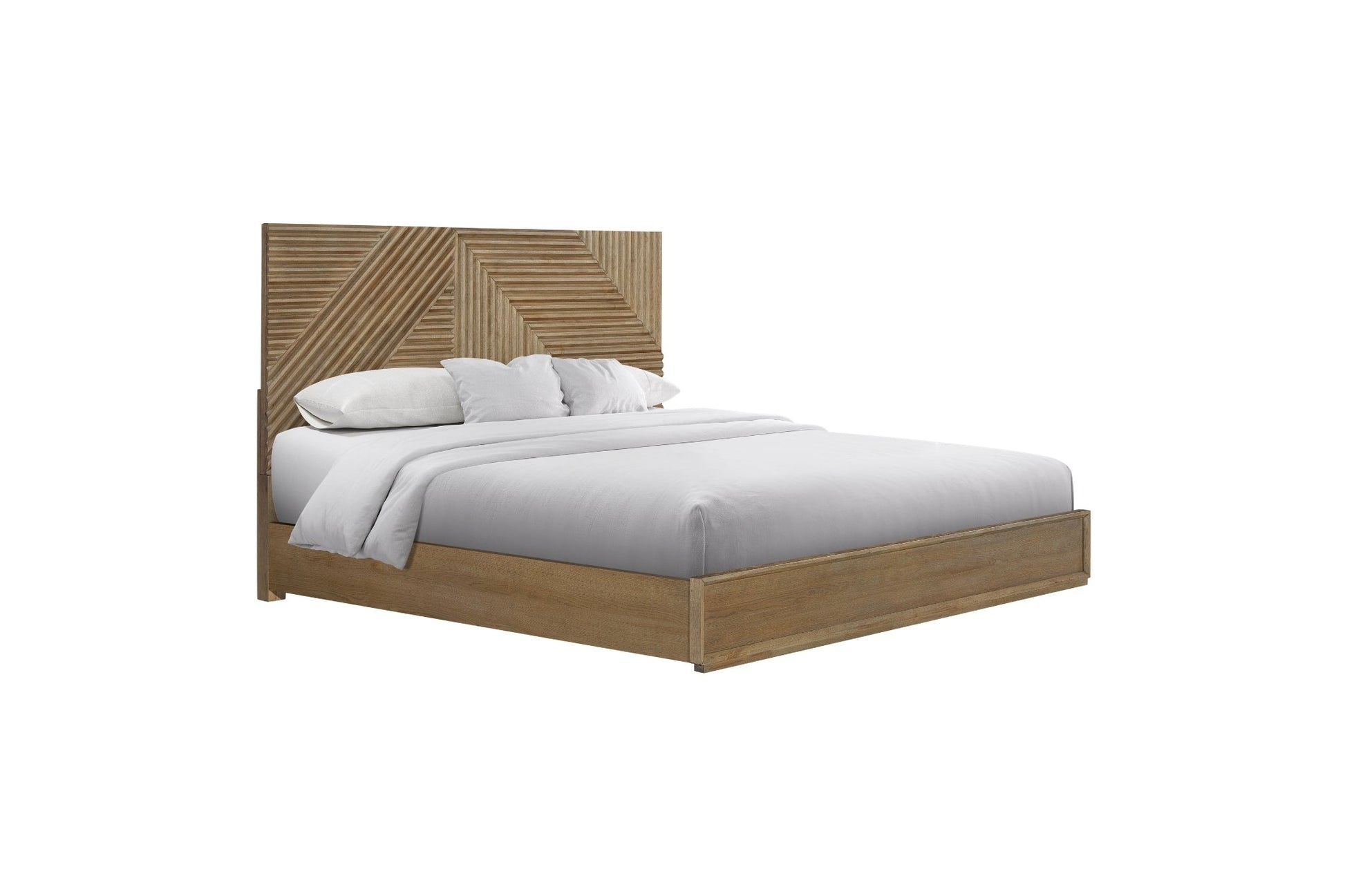 Wooden bed with white bedding on a white background