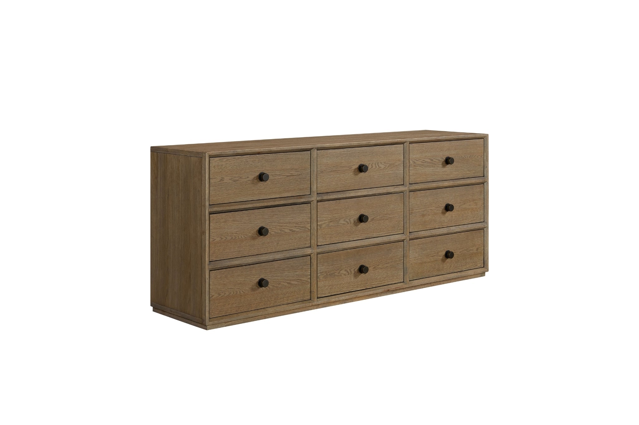 Wooden dresser with multiple drawers on a white background