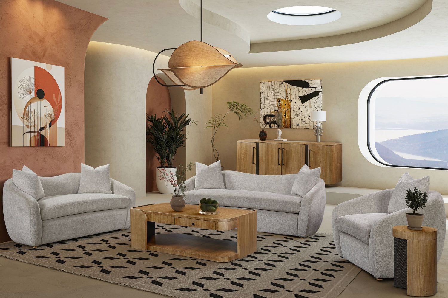 Modern living room with gray sofas, wooden coffee table, and decorative elements.