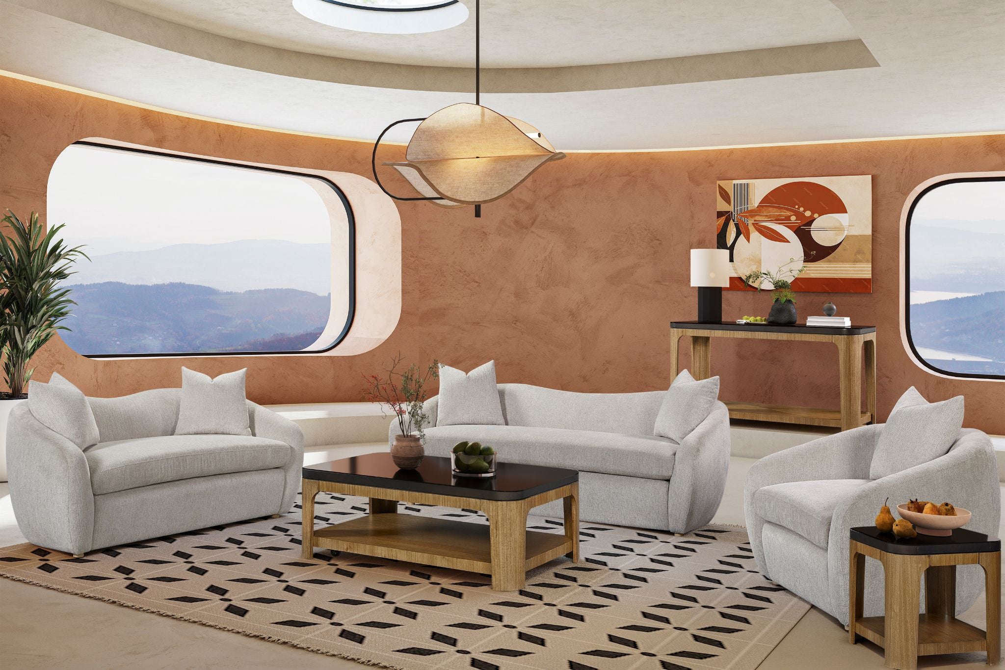 Modern living room with white sofas, a coffee table, and decorative elements.